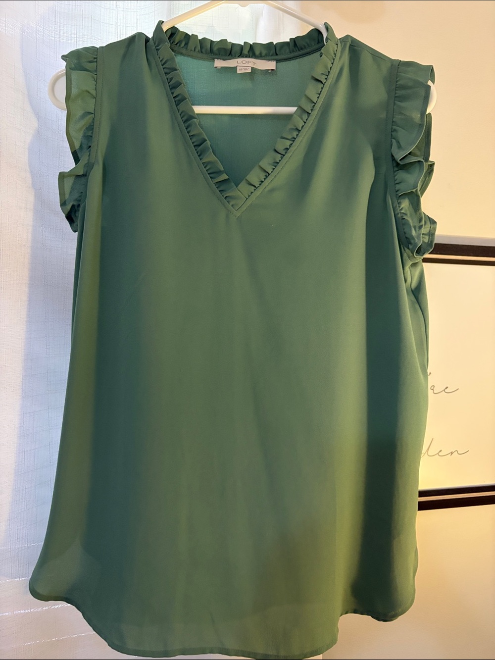 LOFT Dark Green Ruffled V-Neck Sleeveless Top